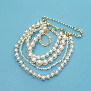 Pearl Layered Gold Brooch Pin with Crystal Charm